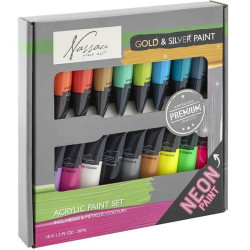 Acrylic Paint 18x36ml incl. Gold, Silver & Neon Paint, Nassau Fine Art