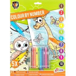 Colour by Number Animals 5 Sheets + Wax Crayons 10pcs., Grafix