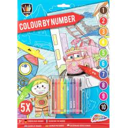 Colour by Number Machines 5 Sheets + Wax Crayons 10pcs., Grafix