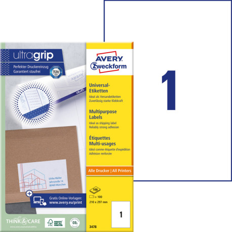 Multipurpose Labels 210 x 297 mm UltraGrip™, Avery Zweckform