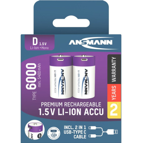 Li-Ion batteries D 1.5V Typ 6000 (min. 5400 mAh) 2pcs., Ansmann