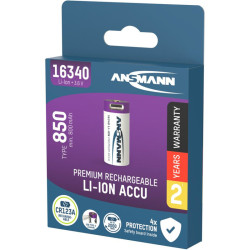 Litija (Li-Ion) baterija ar micro-USB ligzdu 16340 850mAh, Ansmann