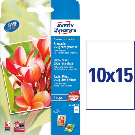 Photo Paper 10x15cm 250g/m² 50 Sheets High Gloss, Avery Zweckform