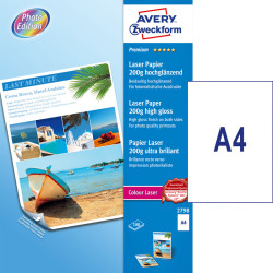 Laser Paper A4 200 g/m² 100 Sheets High Gloss, Avery Zweckform