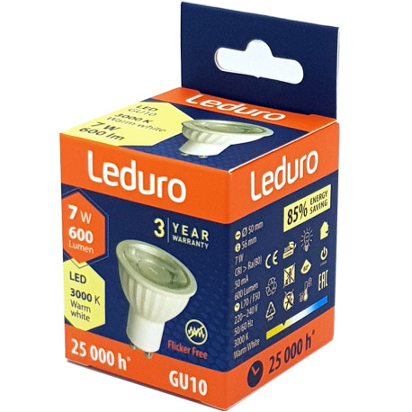 LED Bulb GU10 7W 3000K 600lm, Leduro