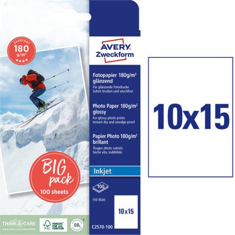 Photo Paper 10x15cm 180g/m² 100 Sheets High Gloss, Avery Zweckform