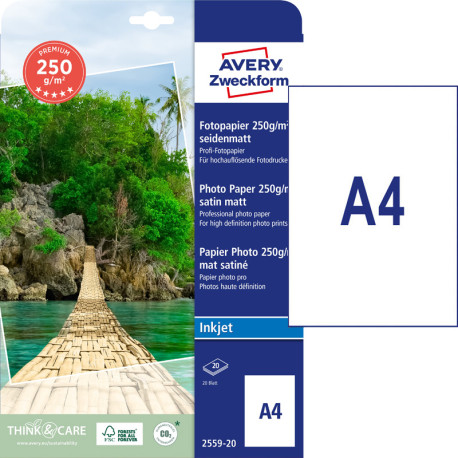 Photo Paper A4 250g/m² 20 Sheets Satin Matt, Avery Zweckform