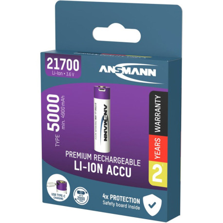 Li-Ion battery 21700 5000 mAh with USB type C charging socket, Ansmann